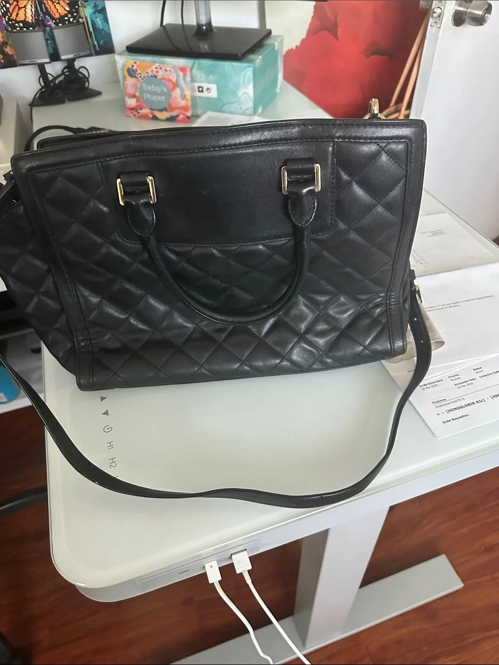 Michael Kors Black Quilted Leather Satchel with Gold Hardware
